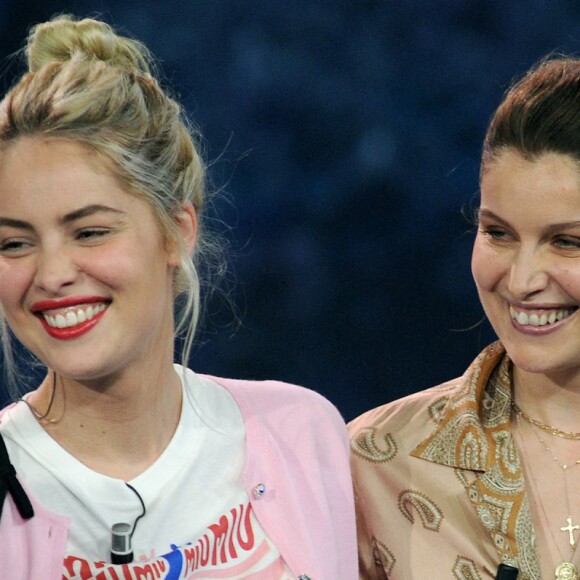 Les soeurs Marie-Ange et Laetitia Casta - Enregistrement de l'émission "Che Temp Che Fa" à Milan en Italie le 7 avril 2019