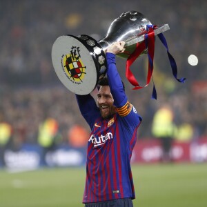 Lionel Messi le 27 avril 2019 au Camp Nou après la victoire (1-0) du FC Barcelone contre Levante, assurant au club catalan un 26e titre de champion d'Espagne.