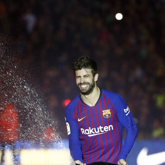 Gerard Piqué le 27 avril 2019 au Camp Nou après la victoire (1-0) du FC Barcelone contre Levante, assurant au club catalan un 26e titre de champion d'Espagne.