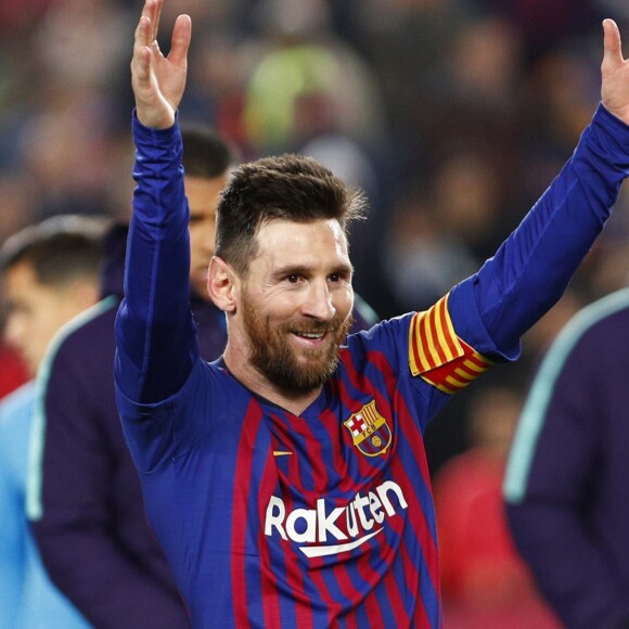 Lionel Messi, qui a marqué son 34e but de la saison, le 27 avril 2019 au Camp Nou après la victoire (1-0) du FC Barcelone contre Levante, assurant au club catalan un 26e titre de champion d'Espagne.