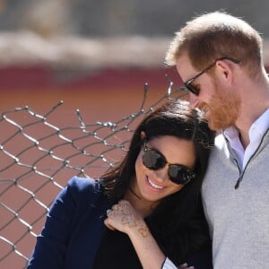 Le prince Harry, duc de Sussex, et Meghan Markle, duchesse de Sussex, enceinte visitent le "Lycée Qualifiant Grand Atlas"à Asni, dans le cadre de leur voyage officiel au Maroc, le 24 février 2019.