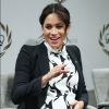 Meghan Markle (enceinte), duchesse de Sussex, lors d'une discussion conjointe avec le Trust The Queen's Commonwealth à l'occasion de la journée mondiale du droit des femmes. Londres, le 8 mars 2019