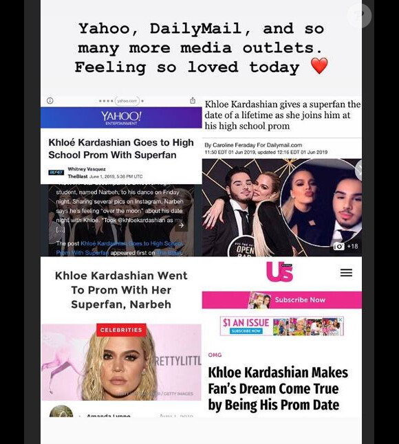 Narbeh remercie les médias pour leurs publications sur son bal de promo avec Khloe Kardashian le 31 mai 2019.