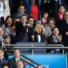 Emmanuel Macron et Brigitte Macron dans les tribunes du parc des Princes pour l'ouverture de la coupe du monde féminine de football 2019 (Mondial), opposant la France à la Corée du Sud, Paris le 7 juin 2019.