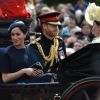 Meghan Markle, duchesse de Sussex, a fait son grand retour (en Givenchy) en public à l'occasion des célébrations de Trooping the Colour le 8 juin 2019 à Londres. En compagnie du prince Harry et de la duchesse Catherine de Cambridge lors de la procession, c'était sa première apparition publique depuis la naissance de son fils Archie, le 6 mai.