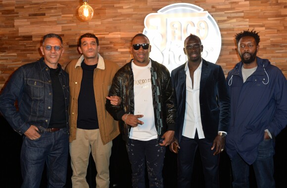 Exclusif - Roschdy Zem, Ramzy Bedia, le rappeur Mokobé, Mamadou Sakho et Ladj Ly lors de l'ouverture d'un TacoShake sur les Champs-Elysées à Paris, France, le 10 juin 2019. © Veeren/Bestimage