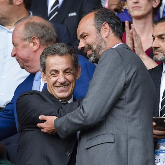 Nicolas Sarkozy et Edouard Philippe dans les tribunes lors du quart de finale de la Coupe du Monde Féminine de football opposant les Etats-Unis à la France au Parc des Princes à Paris, France, le 28 juin 2019. Les USA ont gagné 2-1. © Pierre Perusseau/Bestimage