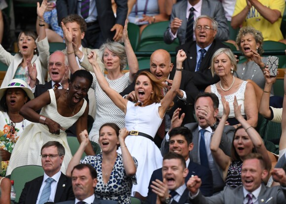Geri Halliwell (Horner) et son mari Christian Horner dans les tribunes du tournoi de Wimbledon à Londres, Royaume Uni, le 5 juillet 2019.