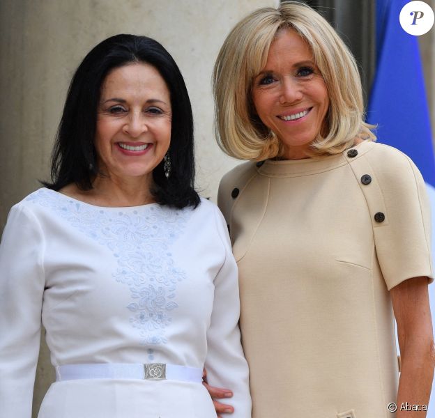 Brigitte Macron accueille la première équatorienne Rocío González de Moreno à l'Elysée le 11 juillet 2019.