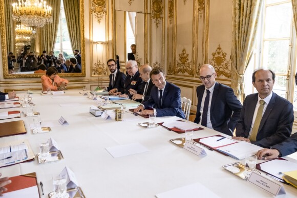 Le président de la République Emmanuel Macron, reçoit Lenin Moreno, président de la République de l'Equateur au Palais de l'Elysee le 11 juillet 2019. En présence de Jean-Yves Le Drian, ministre de l'Europe et des Affaires Etrangères. ©Simon Lambert / Haytham / Pool / Bestimage