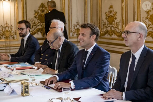 Le président de la République Emmanuel Macron, reçoit Lenin Moreno, président de la République de l'Equateur au Palais de l'Elysee le 11 juillet 2019. En présence de Jean-Yves Le Drian, ministre de l'Europe et des Affaires Etrangères. ©Simon Lambert / Haytham / Pool / Bestimage