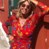 Caroline Margeridon souriante et sublime en robe à Saint-Ouen, le 10 juillet 2019