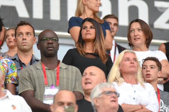 Sortie officielle de Karine Ferri dans les tribunes du stade Allianz Riviera pour venir voir son compagnon Yoann Gourcuff, Lilian Thuram et son fils Kephreen lors du match de football de ligue 1, OGC Nice contre Dijon Football Côte-d'Or à Nice, France, le 25 août 2018. Dijon a gagné 4-0. © Lionel Urman/Bestimage