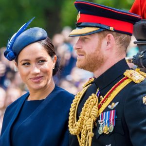 Le prince Harry, duc de Sussex, et Meghan Markle, duchesse de Sussex, première apparition publique de la duchesse depuis la naissance du bébé royal Archie lors de la parade Trooping the Colour 2019, au palais de Buckingham, Londres, le 8 juin 2019.