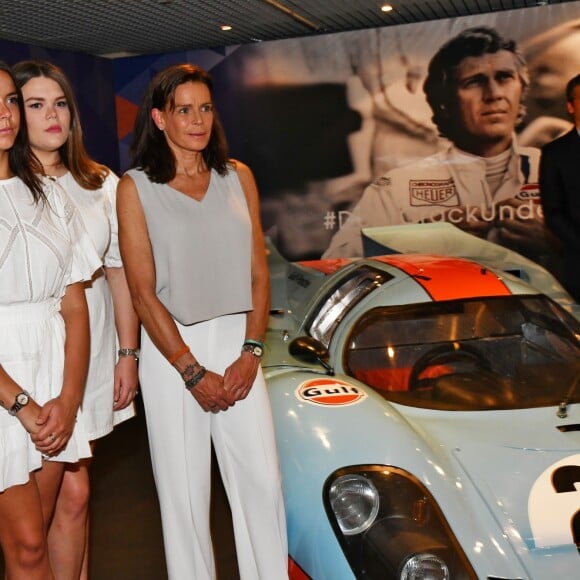 Pauline Ducruet, Camille Gottlieb, la princesse Stéphanie de Monaco et Patrick Dempsey - Présentation de la carte routière restaurée ayant appartenu au prince Albert 1er de Monaco et présentation d'un nouveau modèle d'une montre Tag Heuer, la Gulf First Victory 50, au musée de la collection des voitures anciennes du prince de Monaco le 12 juin 2018. Tag est partenaire du Musée et a financé la restauration de cette carte montrant un tracé que le prince Albert 1er avait réalisé en motocyclette. Pour rendre hommage au prince Albert 1er, le comédien et égérie de la marque, Patrick Dempsey prendra le volant le 13 juin, d'un modèle Carrera 911 RS de 1973, pour parcourir le même parcours que le prince avait emprunté entre Monaco et le Luc. © Bruno Bebert/Bestimage