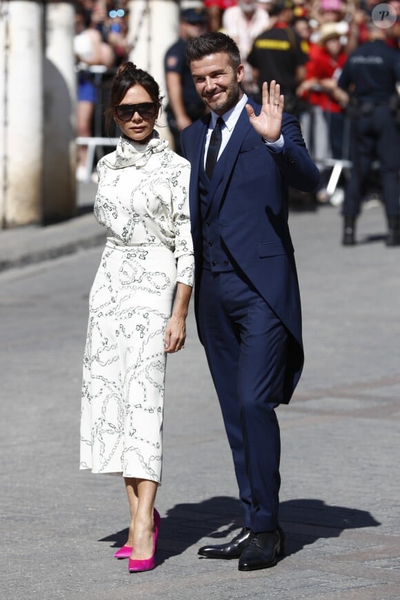 Victoria Beckham et son mari David Beckham - Les célébrités arrivent à l'église pour célébrer l'union du footballeur Sergio Ramos et de l'actrice Pilar Rubio à Seville en Espagne, le 15 juin 2019.