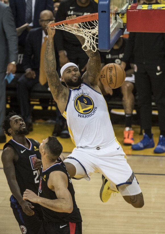 Demarcus Cousins (Golden State Warriors) lors du match de NBA Golden State Warriors - Los Angeles Clippers à l'Oracle Arena. Oakland, le 13 avril 2019.