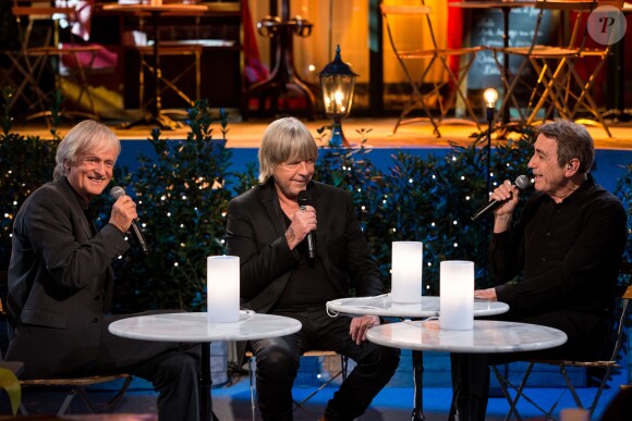 Exclusif - Dave, le chanteur Renaud (Renaud Séchan) et Alain Chamfort - Tournage de l'émission "Merci Renaud" dans les studios de la Plaine Saint-Denis le 15 novembre 2016, qui sera diffusée le samedi 17 décembre 2016 en prime time sur France 2. © Cyril Moreau / Bestimage