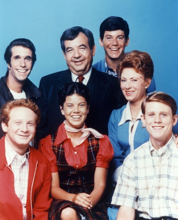 Donny Most, Henry Winkler, Erin Moran, Tom Bosley, Anson Williams, Marion Ross, Ron Howard, les acteurs de la série ''Happy Days'' - 1974-1984. © Paramount TV via ZUMA Press/Bestimage
