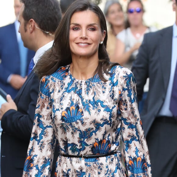 La reine Letizia d'Espagne, vêtue d'une robe Sandro Paris, visitait le 20 septembre 2019 le Centre national de référence en matière de soins aux personnes atteintes de maladies rares à Burgos, dans le nord du pays.