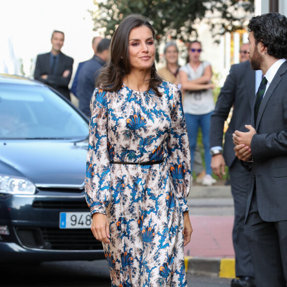 La reine Letizia d'Espagne, vêtue d'une robe Sandro Paris, visitait le 20 septembre 2019 le Centre national de référence en matière de soins aux personnes atteintes de maladies rares à Burgos, dans le nord du pays.