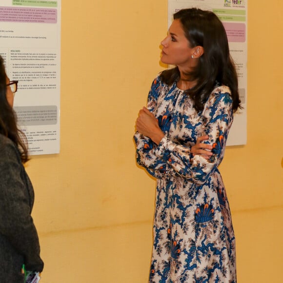 La reine Letizia d'Espagne, vêtue d'une robe Sandro Paris, visitait le 20 septembre 2019 le Centre national de référence en matière de soins aux personnes atteintes de maladies rares à Burgos, dans le nord du pays.