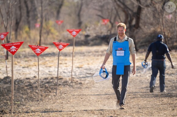 Le prince Harry, duc de Sussex, visite un champ de mines anti-personnelles à Dirico, dont l'élimination est entreprise par l'association Halo Trust (l'association qui enlève les débris laissés par la guerre, en particulier les mines terrestres). Angola, le 27 septembre 2019.