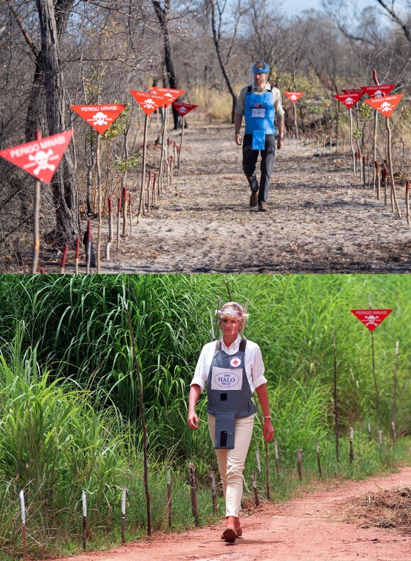 Le prince Harry, à l'instar de sa mère Lady Di en 1997, visite un champ de mines anti-personnelles à Dirico, dont l'élimination est entreprise par l'association Halo Trust (l'association qui enlève les débris laissés par la guerre, en particulier les mines terrestres). Angola, le 27 septembre 2019.