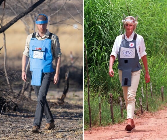 Le prince Harry, à l'instar de sa mère Lady Di en 1997, visite un champ de mines anti-personnelles à Dirico, dont l'élimination est entreprise par l'association Halo Trust (l'association qui enlève les débris laissés par la guerre, en particulier les mines terrestres). Angola, le 27 septembre 2019.