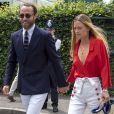 James Middleton et sa compagne Alizee Thevenet arrivent pour assister à la finale homme du tournoi de Wimbledon "Novak Djokovic - Roger Federer (7/6 - 1/6 - 7/6 - 4/6 - 13/12)" à Londres, le 14 juillet 2019.