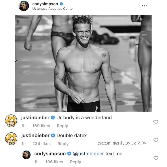 Echange de commentaires entre Justin Bieber et Cody Simpson- 10 oct 2019.