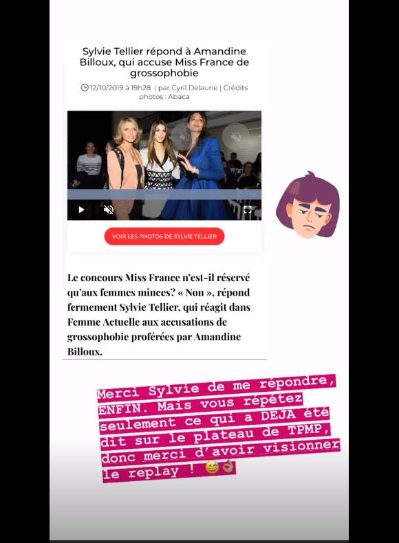 Amandine Billoux répond à Sylvie Tellier le 13 octobre 2019 sur Instagram.