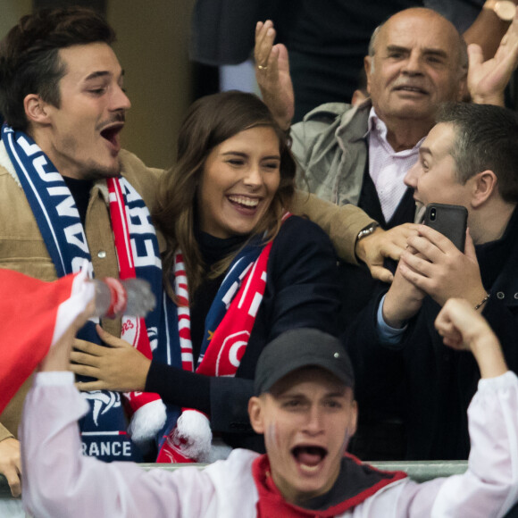 Camille Cerf (Miss France 2015) et son compagnon Cyrille - Tribunes lors du match de qualification pour l'Euro2020 "France - Turquie (1-1)" au Stade de France. Saint-Denis, le 14 octobre 2019. ©Cyril Moreau/Bestimage