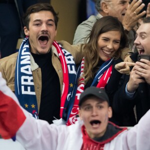 Camille Cerf (Miss France 2015) et son compagnon Cyrille - Tribunes lors du match de qualification pour l'Euro2020 "France - Turquie (1-1)" au Stade de France. Saint-Denis, le 14 octobre 2019. ©Cyril Moreau/Bestimage