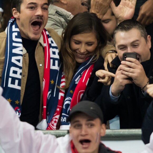 Camille Cerf (Miss France 2015) et son compagnon Cyrille - Tribunes lors du match de qualification pour l'Euro2020 "France - Turquie (1-1)" au Stade de France. Saint-Denis, le 14 octobre 2019. ©Cyril Moreau/Bestimage