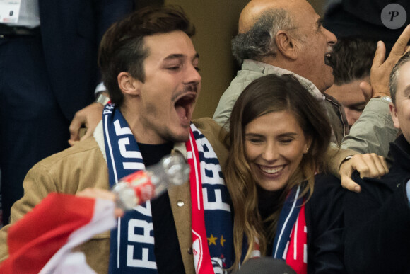 Camille Cerf (Miss France 2015) et son compagnon Cyrille - Tribunes lors du match de qualification pour l'Euro2020 "France - Turquie (1-1)" au Stade de France. Saint-Denis, le 14 octobre 2019. ©Cyril Moreau/Bestimage