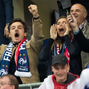 Camille Cerf (Miss France 2015) et son compagnon Cyrille - Tribunes lors du match de qualification pour l'Euro2020 "France - Turquie (1-1)" au Stade de France. Saint-Denis, le 14 octobre 2019. ©Cyril Moreau/Bestimage