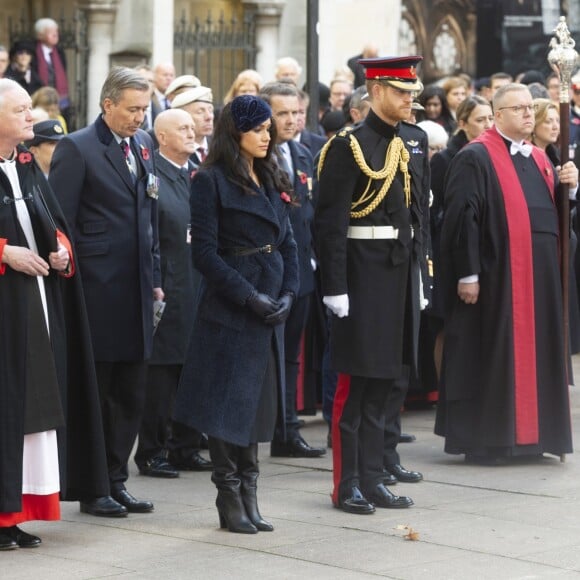 Le prince Harry, duc de Sussex, et Meghan Markle, duchesse de Sussex, assistent au 'Remembrance Day', une cérémonie d'hommage à tous ceux qui sont battus pour la Grande-Bretagne, à Westminster Abbey, le 7 novembre 2019.