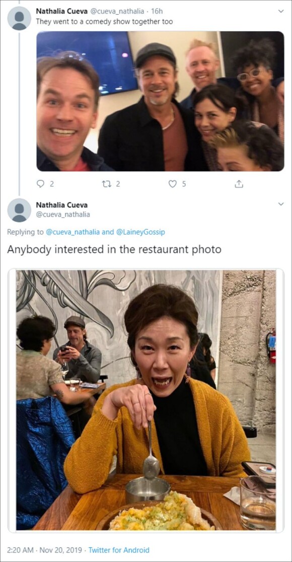Capture Twitter- Compte désormais supprimé de l'internaute ayant obtenu une photo d'Alia Shawkat et Brad Pitt dans un restaurant de Los Angeles. Les images dateraient du 16 novembre 2019.