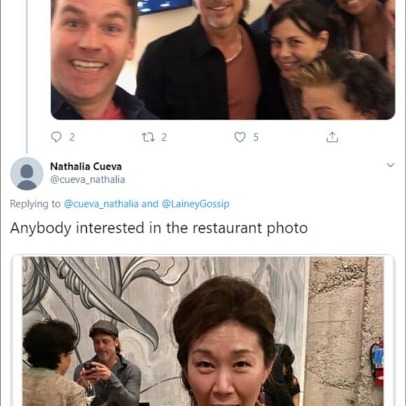 Capture Twitter- Compte désormais supprimé de l'internaute ayant obtenu une photo d'Alia Shawkat et Brad Pitt dans un restaurant de Los Angeles. Les images dateraient du 16 novembre 2019.