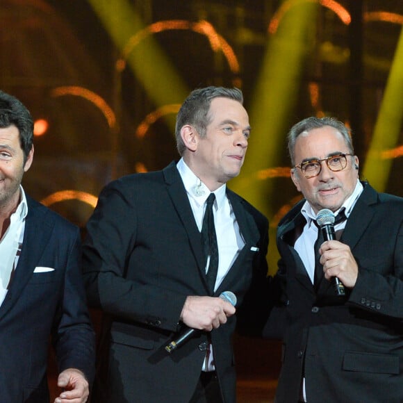 Philippe Lellouche, le chanteur Garou (parrain du Téléthon 2016), Antoine Duléry et le chanteur Vincent Niclo - 30ème édition du Téléthon 2016 à l'hippodrome de Longchamp à Paris, France, le 3 décembre 2016. © Coadic Guirec/Bestimage