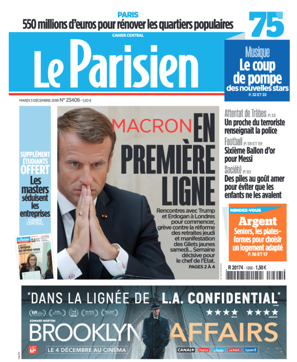 Une du Parisien, datée du 3 décembre 2019.