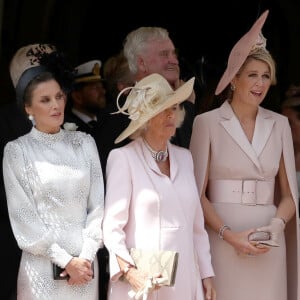 Kate Middleton (en manteau Catherine Walker) avec Sophie Rhys-Jones, comtesse de Wessex, la reine Letizia d'Espagne, Camilla Parker Bowles, duchesse de Cornouailles, la reine Maxima des Pays-Bas - Le service de la Jarretière (the Garter service) à la chapelle St Georges à Windsor le 17 Juin 2019.