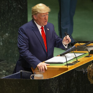  Le président des Etats-Unis Donald J. Trump pendant son discours, le premier jour de la 74ème assemblée générale de l'organisation des Nations-Unis (ONU) à New York, Etats-Unis, le 24 septembre 2019.