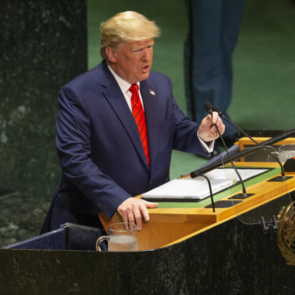  Le président des Etats-Unis Donald J. Trump pendant son discours, le premier jour de la 74ème assemblée générale de l'organisation des Nations-Unis (ONU) à New York, Etats-Unis, le 24 septembre 2019.