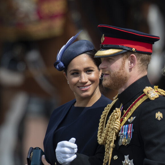 Le prince Harry, duc de Sussex, et Meghan Markle, duchesse de Sussex, première apparition publique de la duchesse depuis la naissance du bébé royal Archie lors de la parade Trooping the Colour 2019, célébrant le 93ème anniversaire de la reine Elisabeth II, au palais de Buckingham, Londres, le 8 juin 2019.