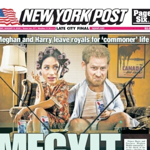Une une de la presse sur le "Megxit" après la décision du prince Harry et de Meghan Markle de quitter le service de la couronne d'Angleterre en janvier 2020.