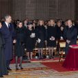 Le roi Felipe VI et la reine Letizia d'Espagne, la princesse Beatrix des Pays-Bas, l'infante Elena d'Espagne, l'infante Cristina, le roi Juan Carlos Ier et la reine Sofia lors de la messe en hommage à l'infante Pilar de Bourbon dans la basilique du monastère de l'Escurial à Madrid, le 29 janvier 2020. La soeur de l'ancien roi d'Espagne est décédée le 8 janvier 2020.