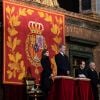 La reine Letizia et le roi Felipe VI d'Espagne lors de la messe en hommage à l'infante Pilar de Bourbon dans la basilique du monastère de l'Escurial à Madrid, le 29 janvier 2020. La soeur de l'ancien roi d'Espagne est décédée le 8 janvier 2020.