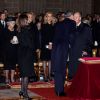 Le roi Felipe VI (qui embrasse ici son père Juan Carlos) et la reine Letizia d'Espagne, la princesse Beatrix des Pays-Bas, l'infante Elena d'Espagne, l'infante Cristina, le roi Juan Carlos Ier et la reine Sofia lors de la messe en hommage à l'infante Pilar de Bourbon dans la basilique du monastère de l'Escurial à Madrid, le 29 janvier 2020. La soeur de l'ancien roi d'Espagne est décédée le 8 janvier 2020.